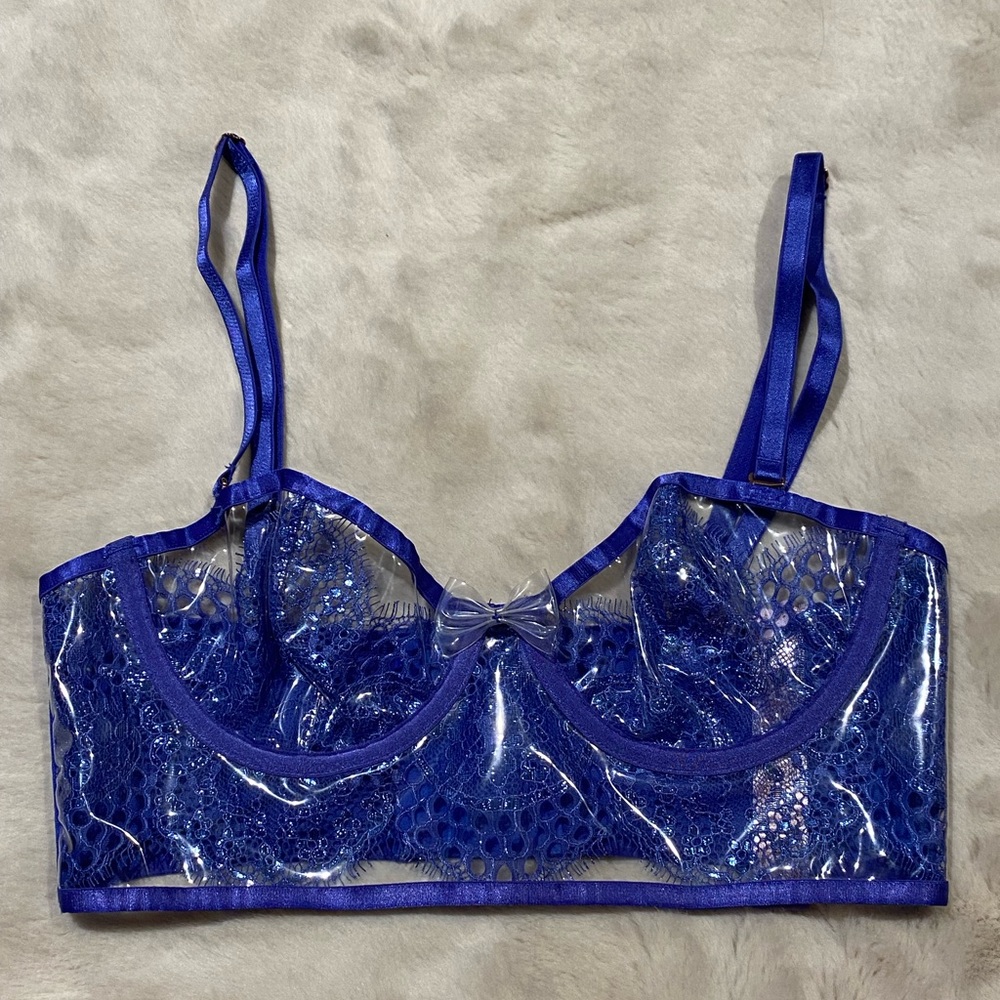 (XS) Savage x Fenty Lace & Vinyl Bustier Bra Extra Small Clear Metallic Blue - Picture 2 of 14